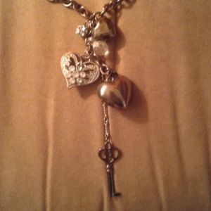 ON SALE! Vintage long gunmetal silver necklace heart and a key charms
